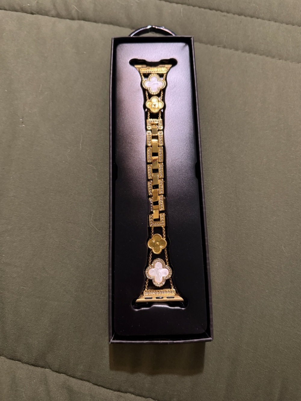 BCBG Gold-tone Watch Band with Pink Mother-of-Pearl Clover Accents